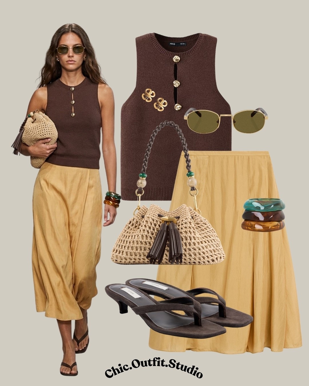 Brown Knit Tank & Yellow Midi Skirt

✨A fitted chocolate brown knit tank paired with a flowing golden satin midi skirt creates an elegant summer outfit with warm earthy tones. Woven accessories and rich brown sandals complete this timeless look that’s perfect for vacation dinners, brunch, winery visits, resort evenings or summer celebrations.

✨Tags: brown knit tank outfit, satin midi skirt outfit, golden skirt outfit, chocolate brown outfit, elegant summer style, earthy color outfit, European summer fashion, vacation dinner outfit, resort wear women, brunch outfit ideas, quiet luxury style, feminine summer outfit, woven bag outfit, minimalist elegant fashion, elevated casual outfit, warm neutral wardrobe, timeless summer style, sophisticated outfit women, summer capsule wardrobe, chic vacation outfit

#LTKsummer #LTKluxury #LTKshoes