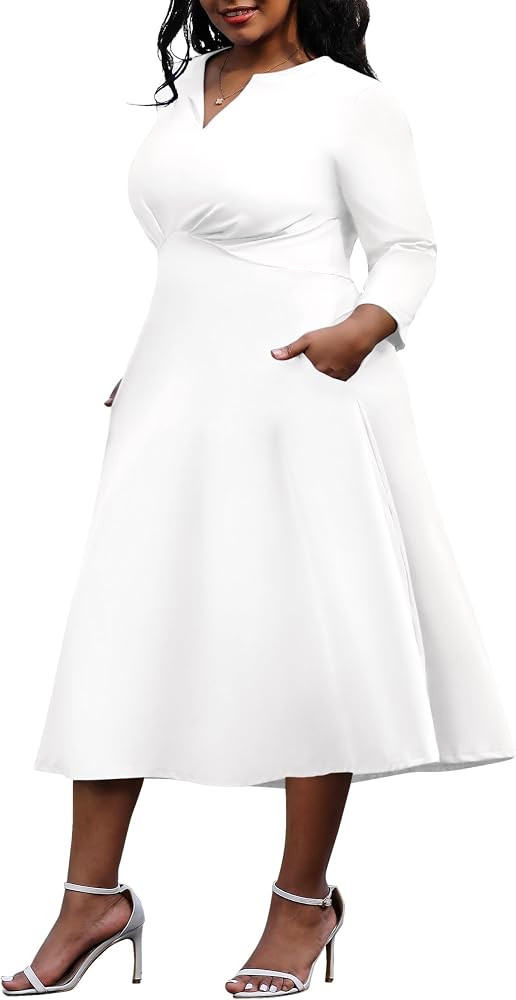 Nmoder Women's Plus Size Stretchy Flared Wrap Dress Casual Wedding Guest Midi Dresses V Neck 3/4 ... | Amazon (US)