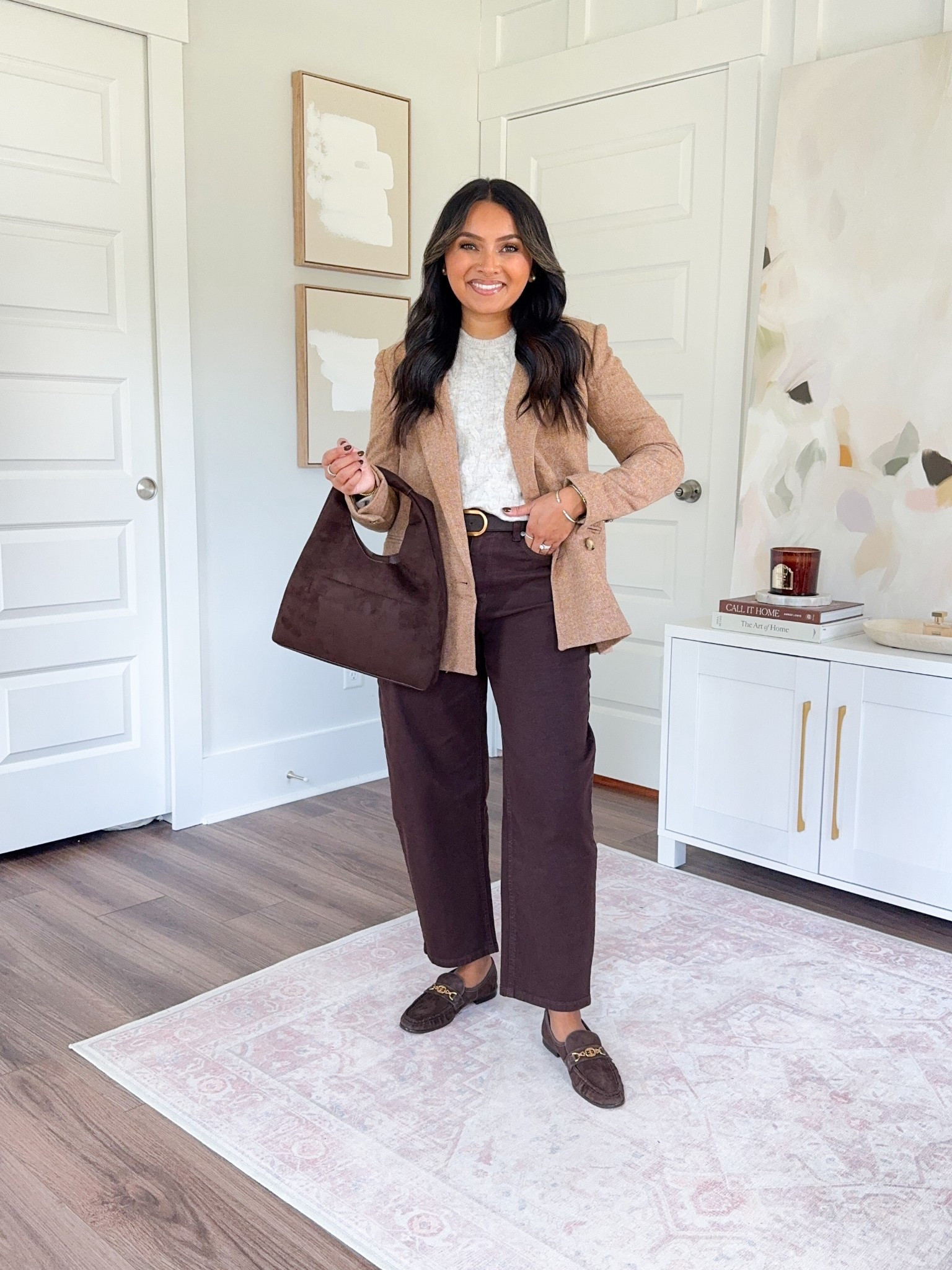 Tan camel blazer size xxs petite - sized down a size, this blazer runs big
Ivory silver sand heather color sweater size xxs regular TTS
Dark brown belt size 27”-31” TTS
Brown iced espresso barrel jeans size 26 petite TTS
Brown suede loafers size 5.5 TTS


#LTKSaleAlert #LTKFallSale #LTKPetite