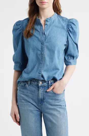 Band Collar Puff Sleeve Denim Button-Up Shirt | Nordstrom