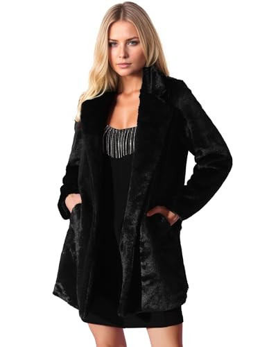 Allegra K Women's Faux Fur Coat Lapel Warm Overcoat Winter Open Front Casual Long Fluffy Jackets Large Black | Amazon (US)