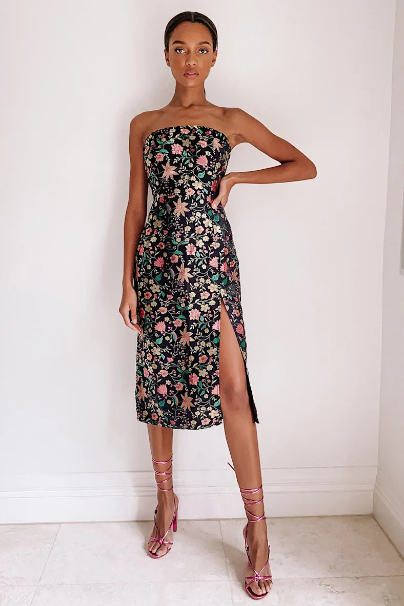 Make a Move Black Satin Floral Jacquard Strapless Midi Dress | Lulus (US)