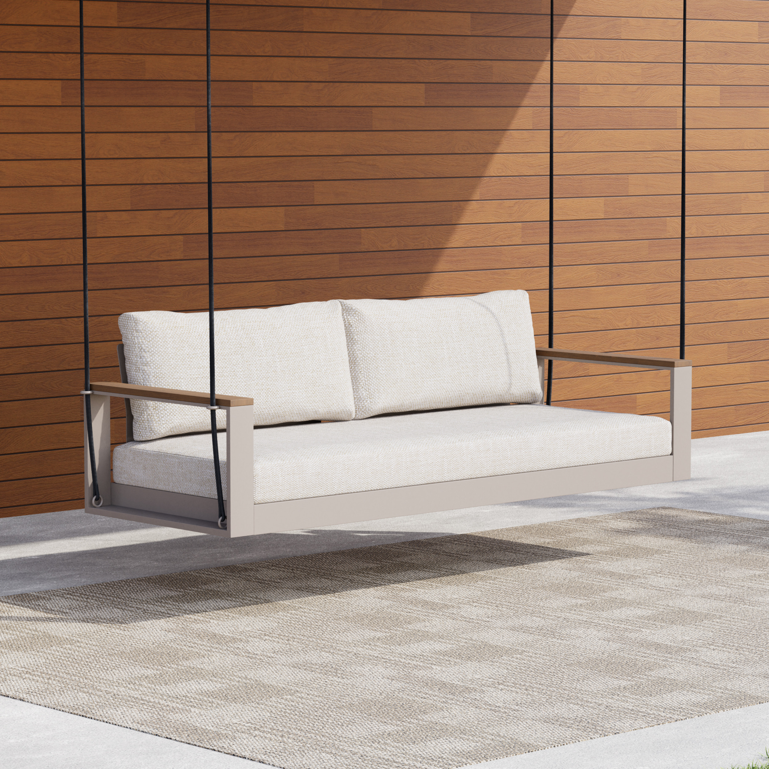 Axis 2 Seater Solid Wood Outdoor Hanging Chair Sofa Porch Swing Bench in Warm White Cushion & Pillow Included | Homary