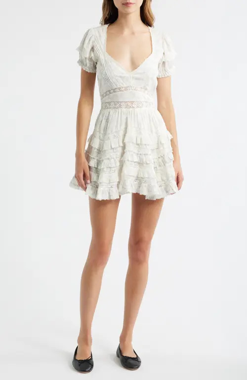LoveShackFancy Nivara Lace Inset Tiered Cotton Mini Sundress in Chantilly at Nordstrom, Size Small | Nordstrom