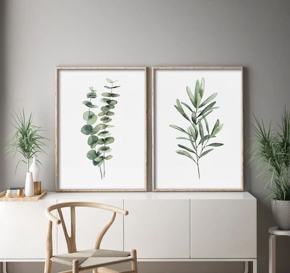 Green Eucalyptus & Olive Branch Watercolor Set of 2 Prints - Etsy | Etsy (US)