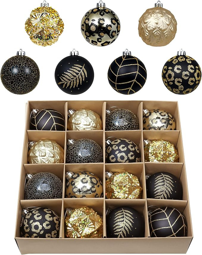 Valery Madelyn 16ct 80mm Golden Tropical Party Black and Gold Christmas Ball Ornaments Decor, Sha... | Amazon (US)