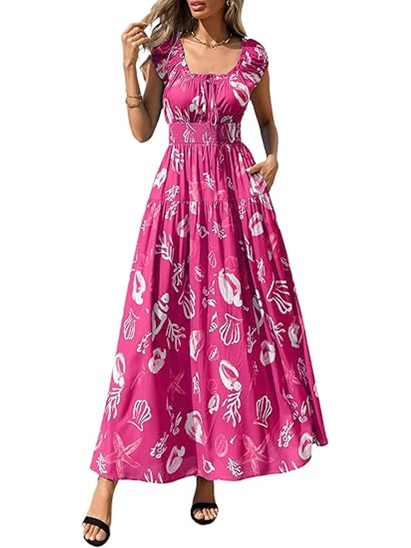 PRETTYGARDEN Women's Boho Maxi Dress Summer Cap Sleeve Long Flowy Beach Vacation Floral Sundresse... | Walmart (US)