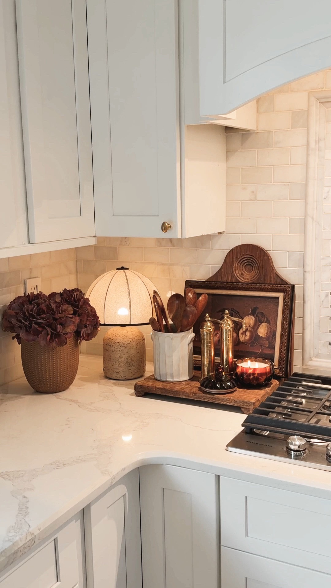 Kitchen fall decor, fall decoration, fall hydrangeas, Walmart lamp, target art