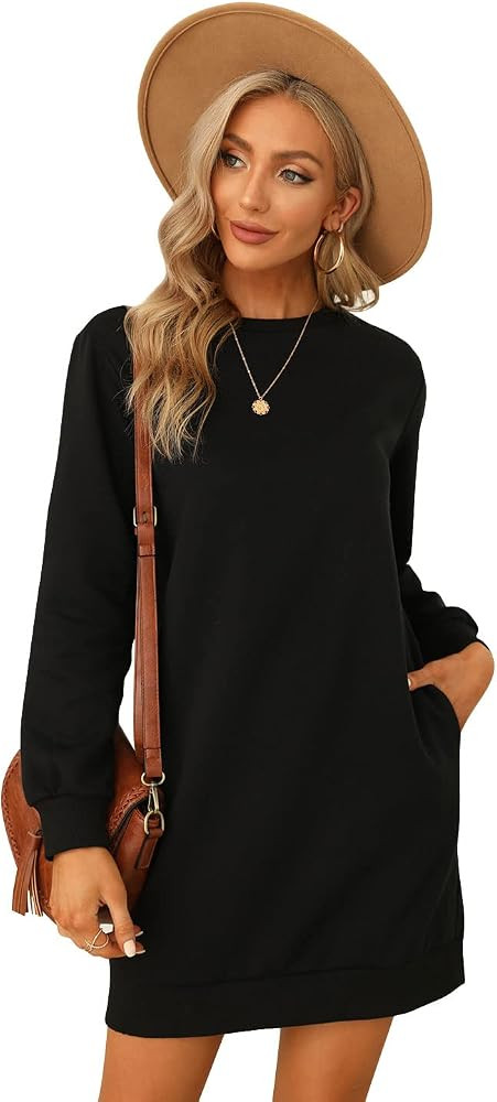 Fangetey Women's Fleece Sweatshirt Dress - Long Sleeve Crewneck Pullover Tops - Solid Color Casua... | Amazon (US)