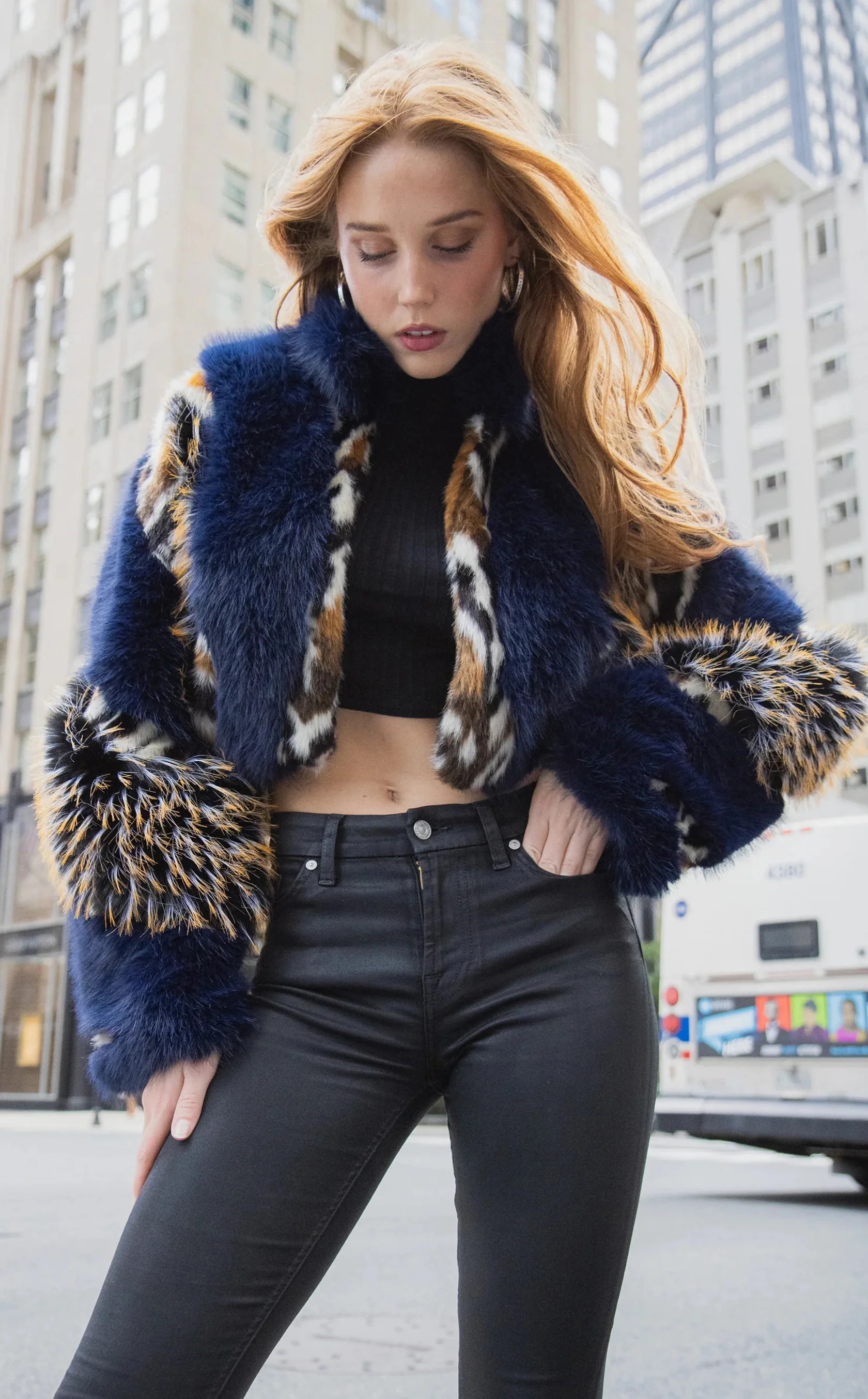 CHIARA-NAVY FAUX FUR JACKET | Azalea Wang