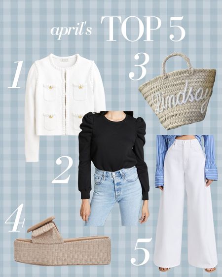 April’s Top 5 best sellers! The white lash jacket from J. Crew is by far a closet staple you’ll wear over and over again, an under $100 puff sleeve sweatshirt that’ll make you feel put together, the under $10 gift basket you can stock up on to have on hand, summer raffia platform sandals and the best wide leg white denim!

#LTKunder100 #LTKFind #LTKstyletip