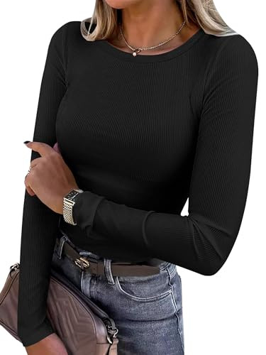 ANRABESS Women Long Sleeve Shirts Rib Knit Slim Fit Tops Basic Tee 2025 Fall Outfits Casual T-Shirt Underscrubs Layer Clothes Black X-Small | Amazon (US)
