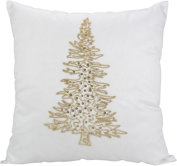 White Christmas Tree Pillow Cover Embroidered with Golden Glass Beads (18x18 inches, White) | Amazon (US)