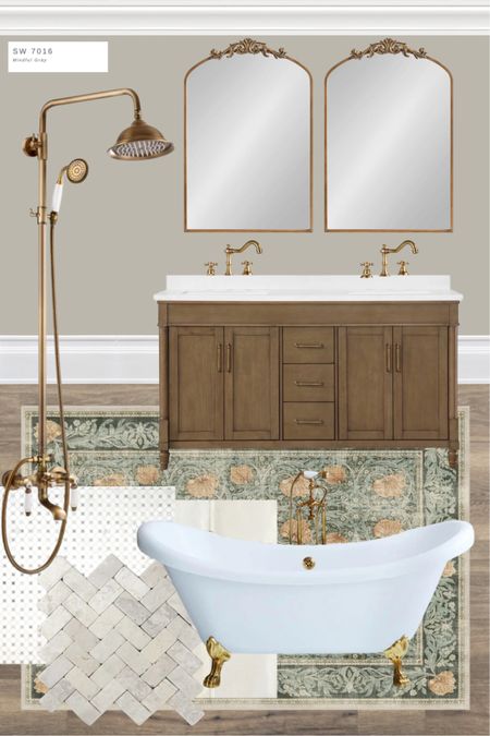 A vintage inspired bathroom with organic materials, neutral colors and brass fixtures and accessories. Add some color with an area rug, decor, bathroom accessories, and towels. #masterbathroom #bathroomdesign

#LTKhome