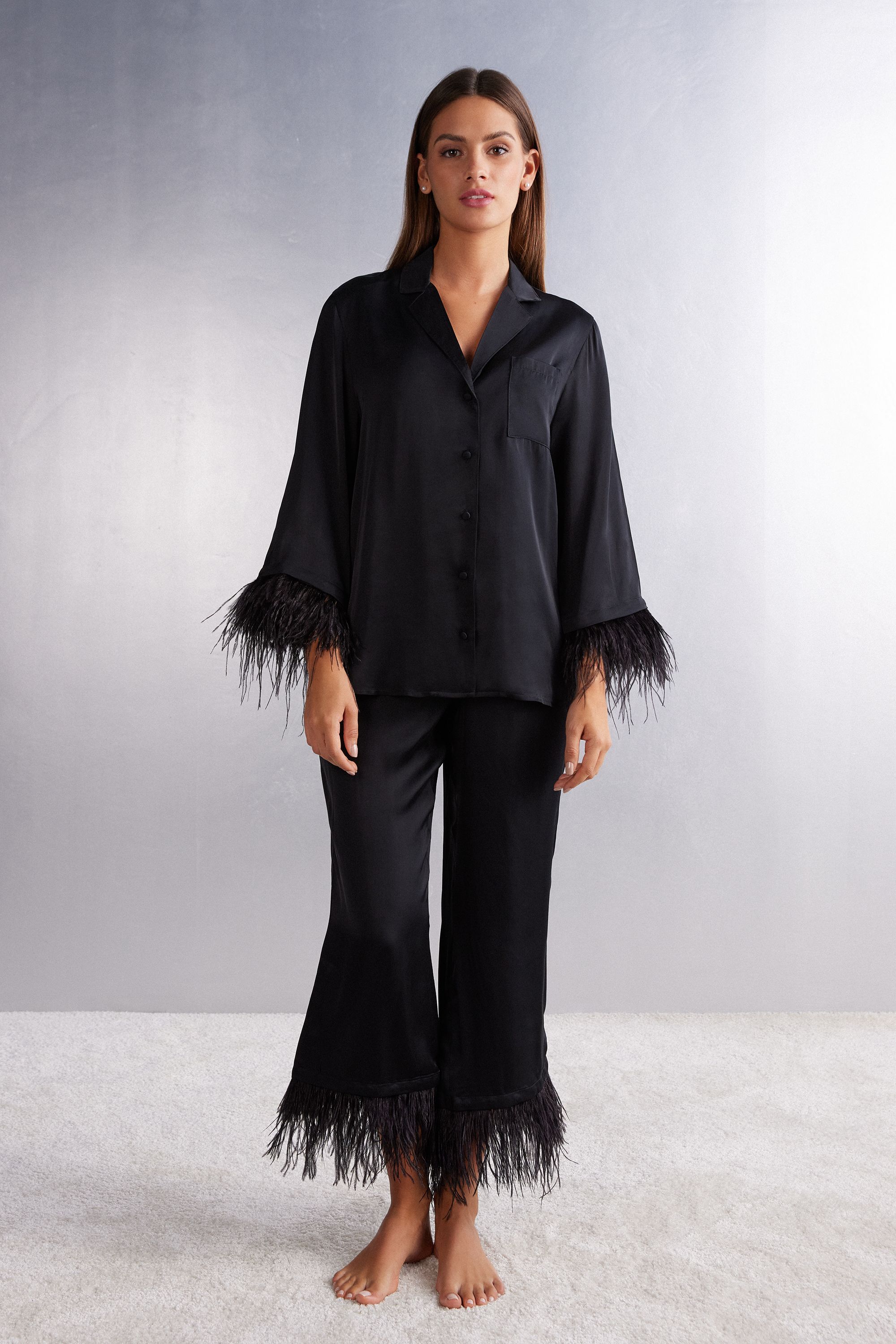 Full Length Pajamas in Viscose Satin with Feathers | Intimissimi (US)
