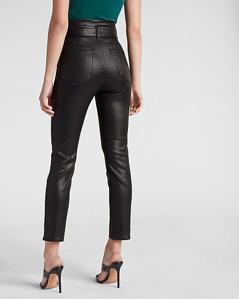 Super High Waisted Belted Black Coated Slim Jeans | Express