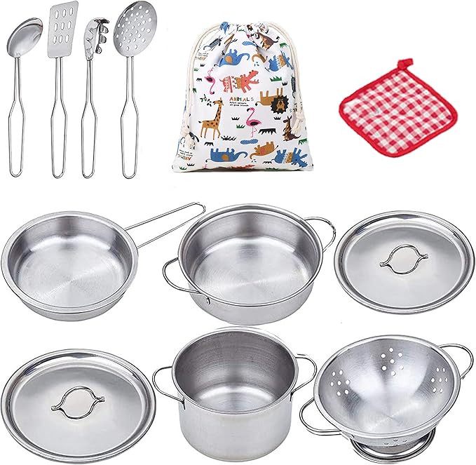 Kids Pots and Pans Set, Real Steel Pretend Toddler Kitchen Tools, Kids Play Kitchen Accessories, ... | Amazon (US)