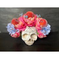 Flower Crown - Peach/Pink & Blue Flowers With Faux Peaches | Black Headband, Wedding, Spring, Engagement, Flower Crown | Etsy (US)