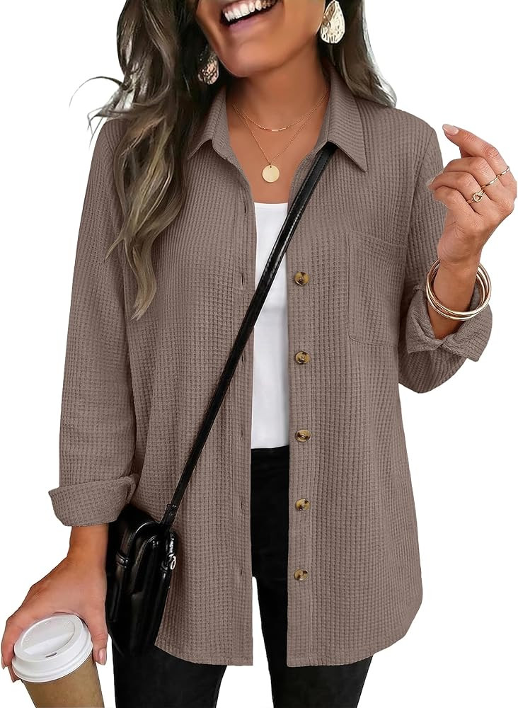 Zeagoo Womens Waffle Knit Shacket Button Down Long Sleeve Tops with Pocket     Collared Shirts fo... | Amazon (US)
