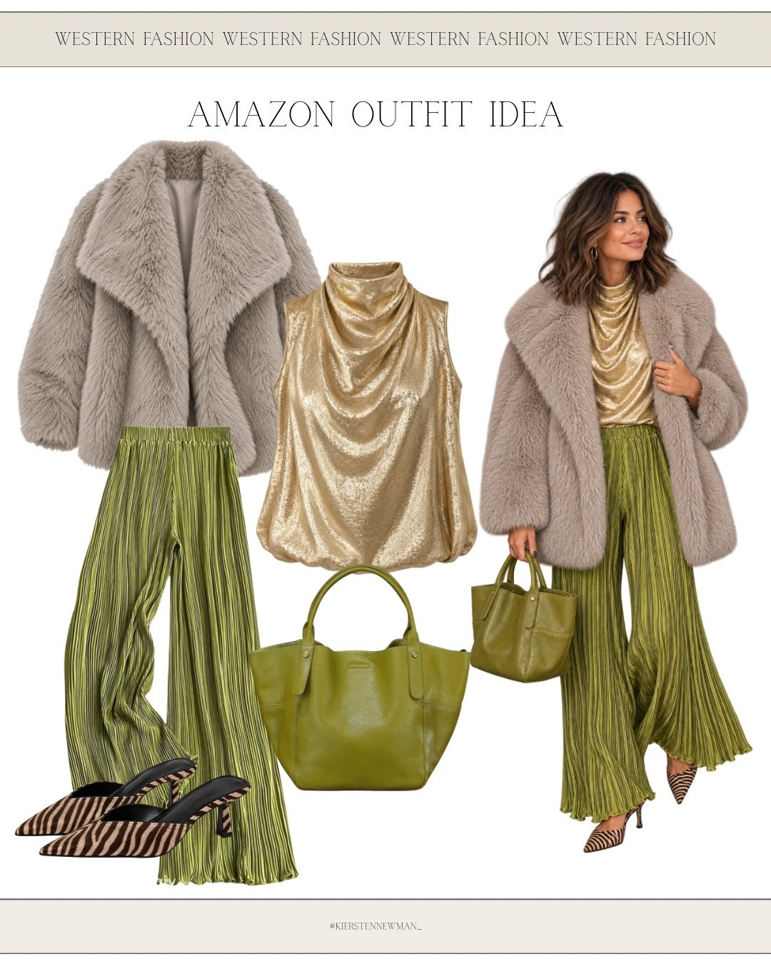 Who says western-inspired style can’t be glamorous? ✨💚 This metallic gold top paired with olive pleated pants, a plush faux fur jacket, and zebra print heels is the perfect elevated Vegas outfit! Add a matching olive handbag for a chic NFR dinner or night-out look.

#NFR2026 #VegasOutfitIdeas #WesternInspired #NFRFashion #MetallicFashion #WesternGlam #AmazonFashion #StatementStyle #LTKFinds #ShopLTK