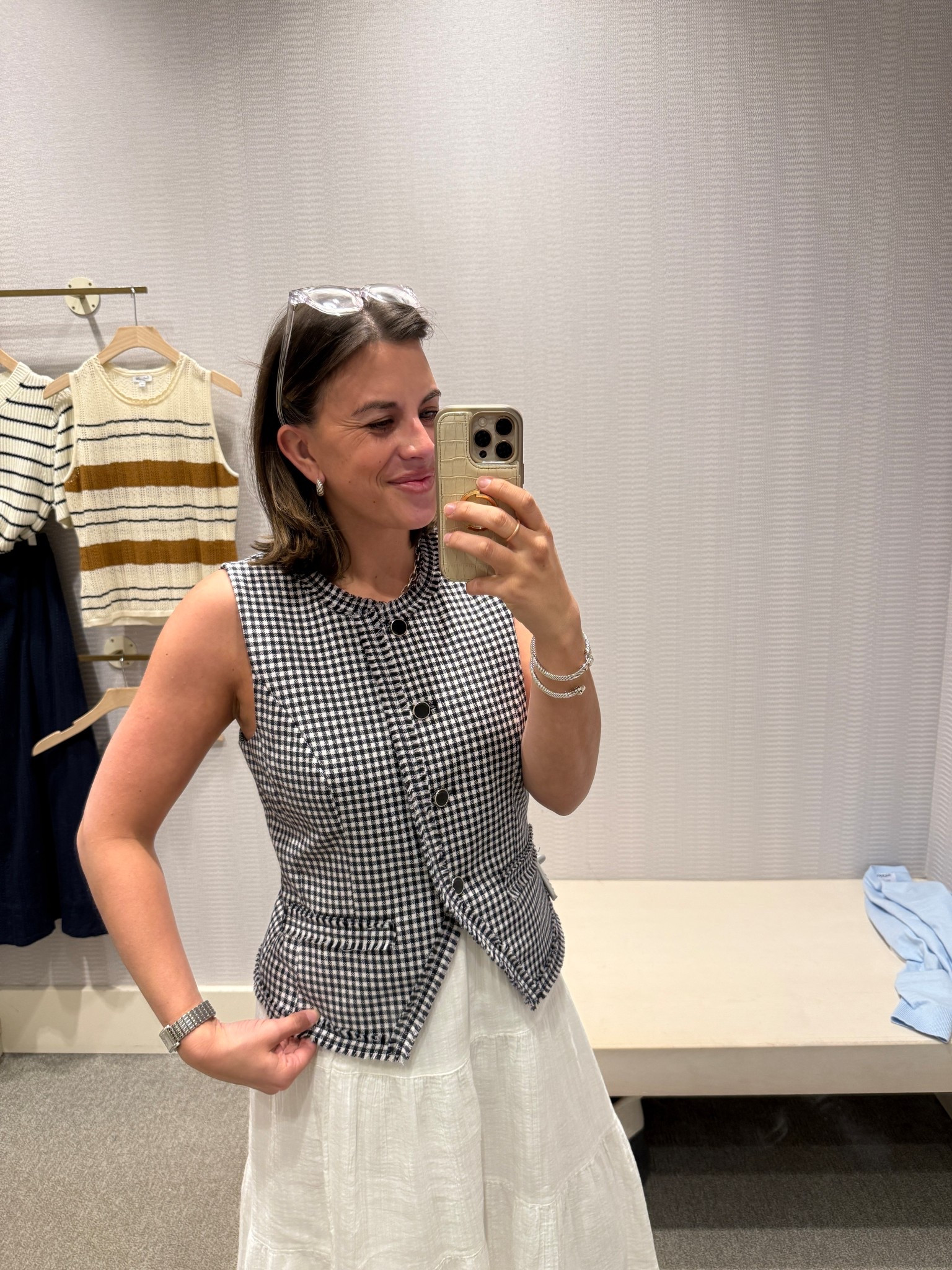 The most gorgeous vest for spring. It’s a navy and cream gingham and so flattering  

#LTKootd #LTKWorkwear #LTKSeasonal