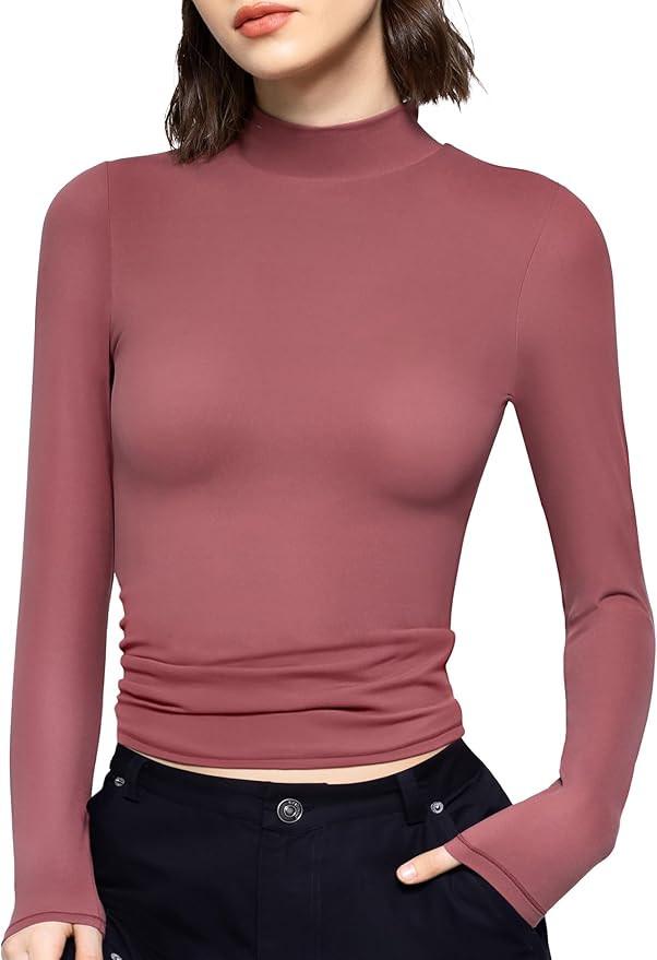 PUMIEY Women's Long Sleeve T Shirts Mock Turtleneck Slim Fit Tops Sexy Basic Tee Smoke Cloud Pro ... | Amazon (US)