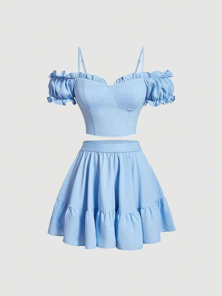 SHEIN MOD Frill Trim Cold Shoulder Top & Ruffle Hem Skirt | SHEIN