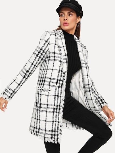 SHEIN Notch Collar Frayed Edge Plaid Longline Coat | SHEIN