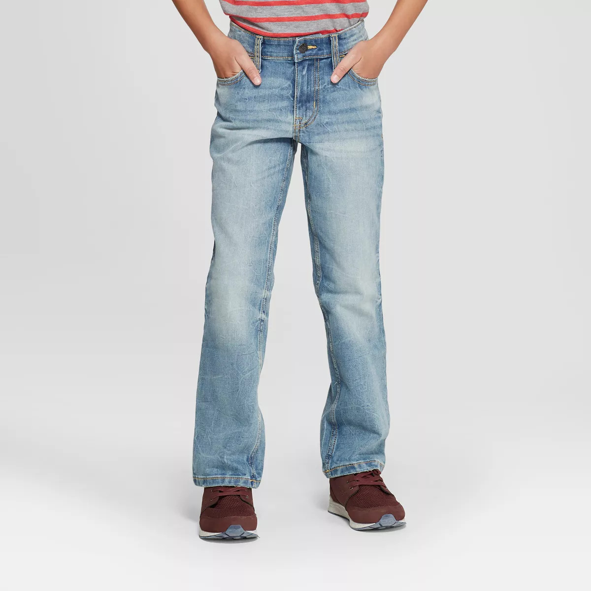 Boys' Stretch Straight Fit Jeans - Cat & Jack™ Light Blue 8: Mid Rise, Adjustable Waistband, De... | Target