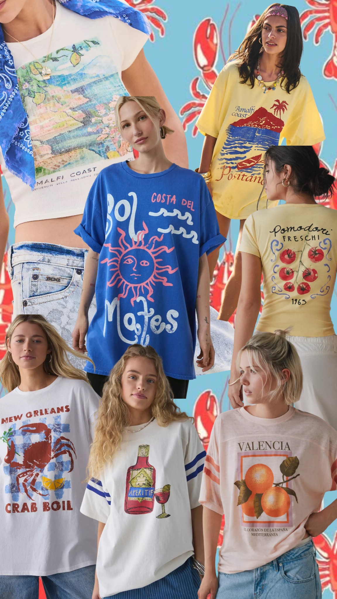 Fun graphic tees for summer that give that Euro trip feel 🍅🍷☀️🦀