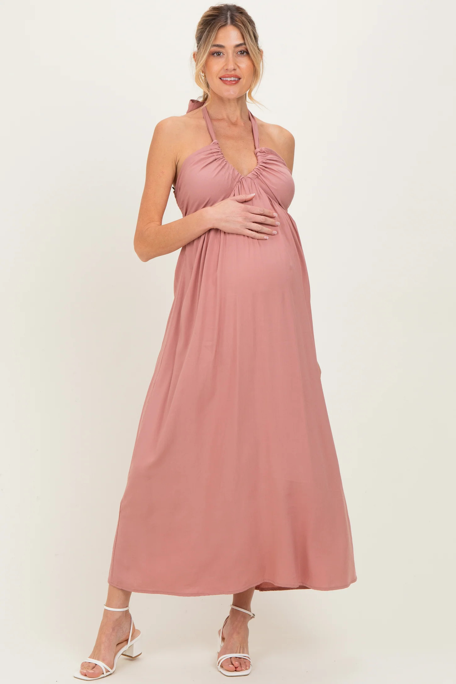 Mauve Halter Neck Side Slit Maternity Midi Dress | PinkBlush Maternity