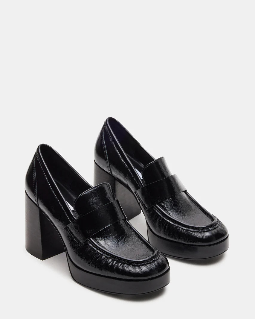 MUNDAY Black Leather Block Heel Platform Loafer | Women's Heels | Steve Madden (US)