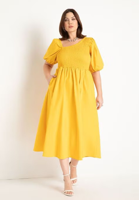 Smocked Bodice Asym Neck Dress | Eloquii