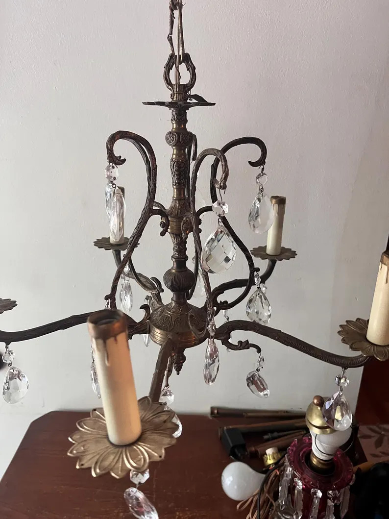 Antique Vintage Brass Made in Spain Chandelier Crystals Light Fixture - Etsy | Etsy (US)