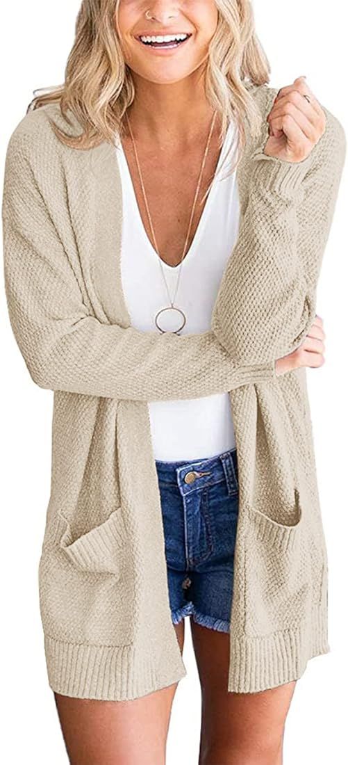 MEROKEETY Women's 2023 Long Sleeve Waffle Knit Cardigan Open Front Cozy Sweater Coat with Pockets | Amazon (US)