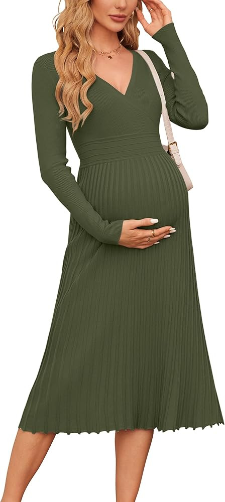 OUGES Womens 2024 Fall Maternity Dress Long Sleeve Wrap V Neck Pleated Midi Dress Casual Sweater ... | Amazon (US)