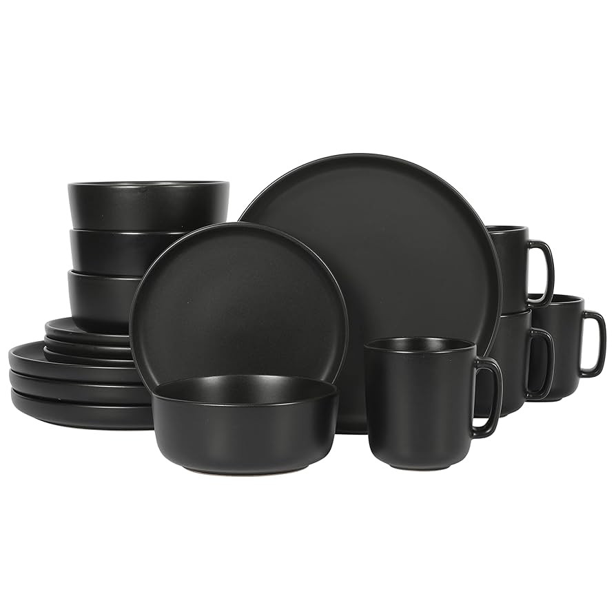 Gibson Home Zuma - Juego de vajilla de cerámica, cuencos y tazas, color negro mate, servicio par... | Amazon (US)