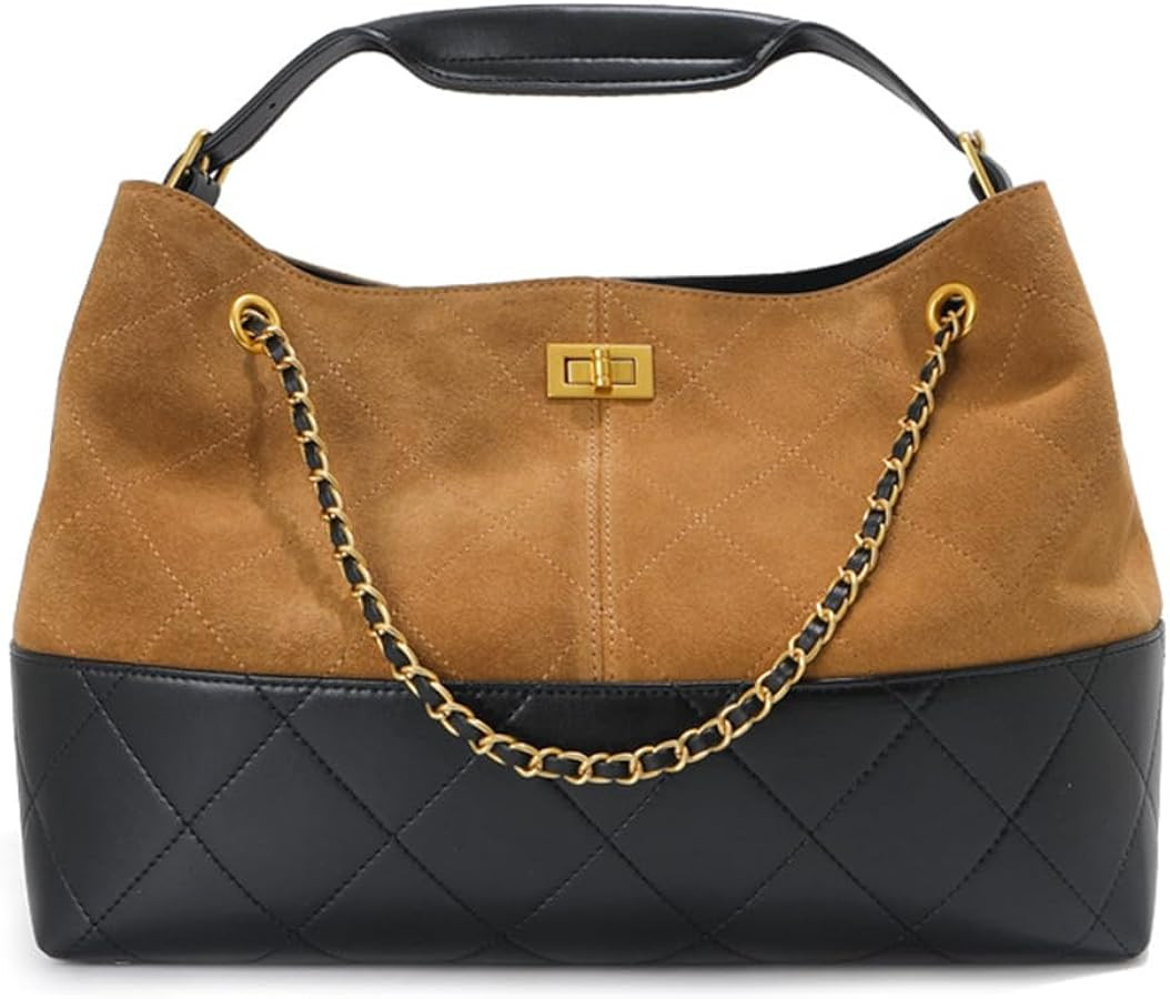 Quilted Designer Genuine Suede Leather Tote Bag for Women Shoulder Handbag with Chain Strap Gift ... | Amazon (US)