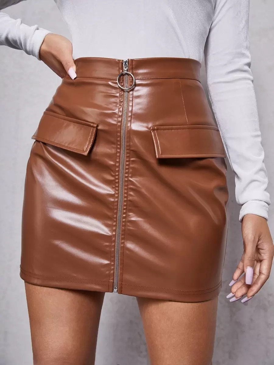 SHEIN O-ring Zip Front PU Skirt | SHEIN