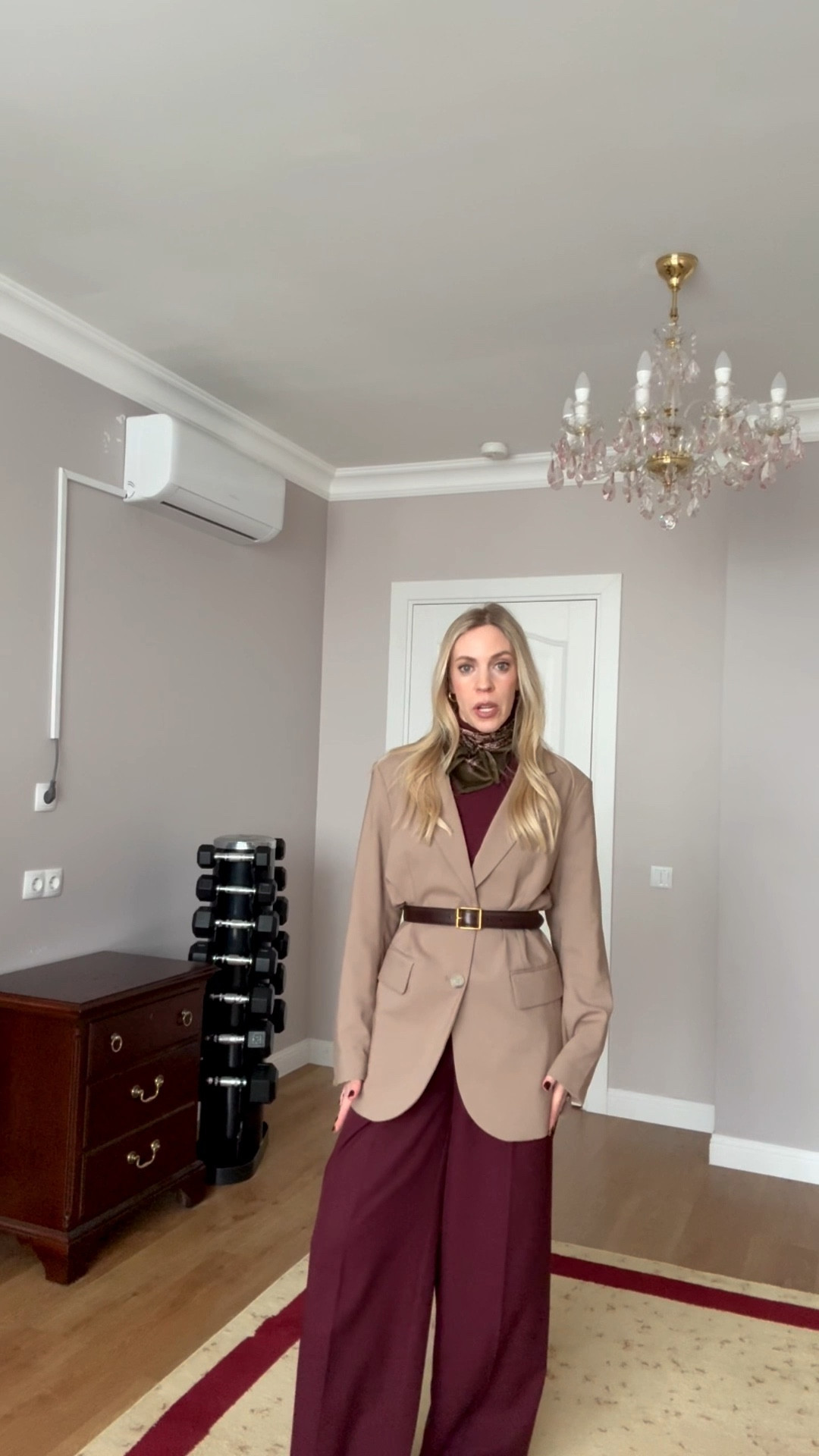 Workwear ootd, office look, brown blazer, silk scarf, burgundy pants, chocolate brown leather belt, style over 40

#LTKootd #LTKOver40 #LTKWorkwear