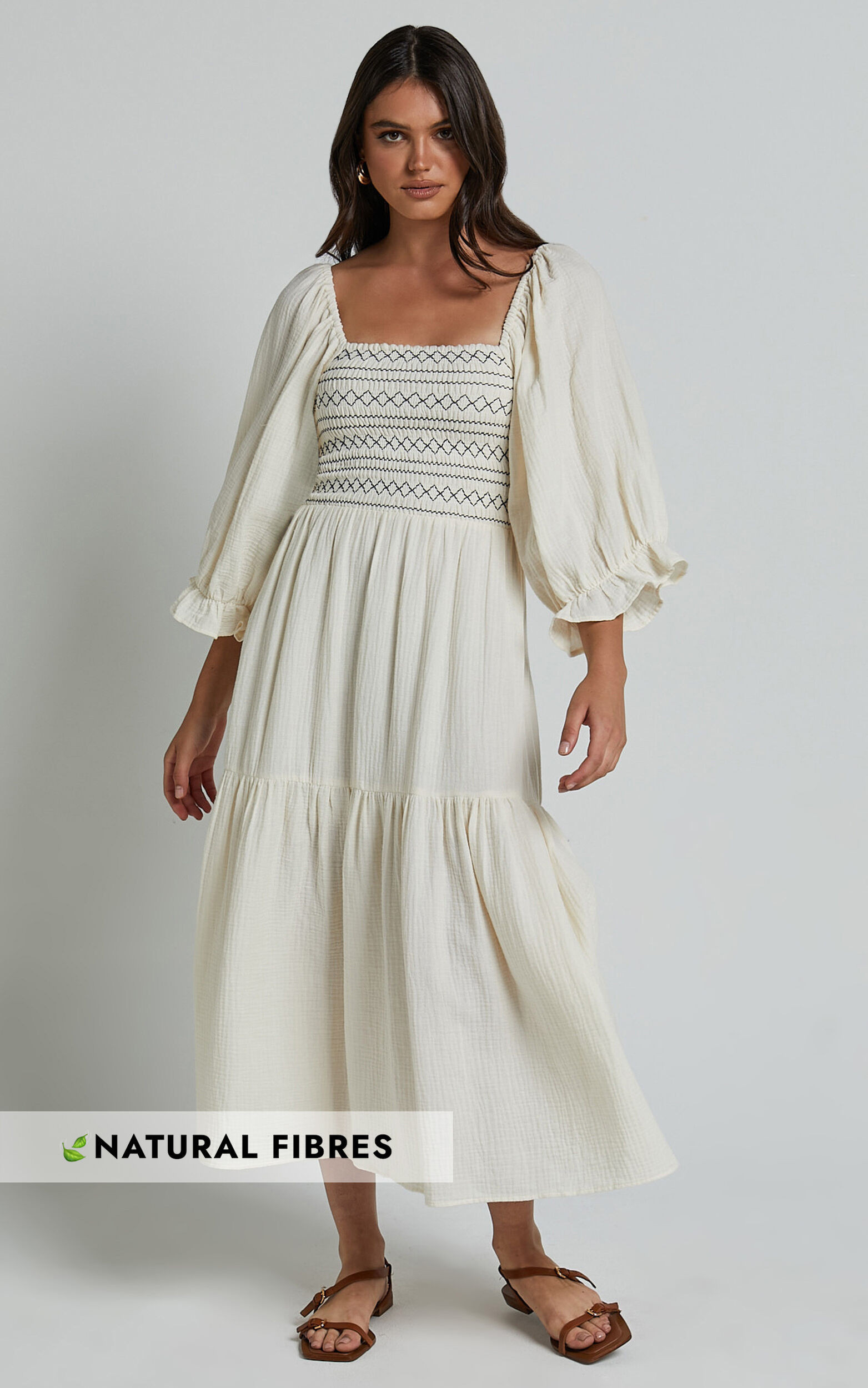 Bellenie Midi Dress - 3/4 Puff Sleeve Square Neck Smock Bodice Tiered Dress in Natural | Showpo (US, UK & Europe)