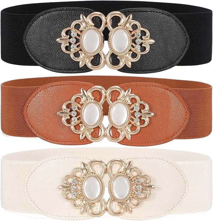 3 Pack Women Wide Elastic Waist Belt Vintage Stretchy Waistband Fashion Ladies Belts for Dresses | Amazon (US)