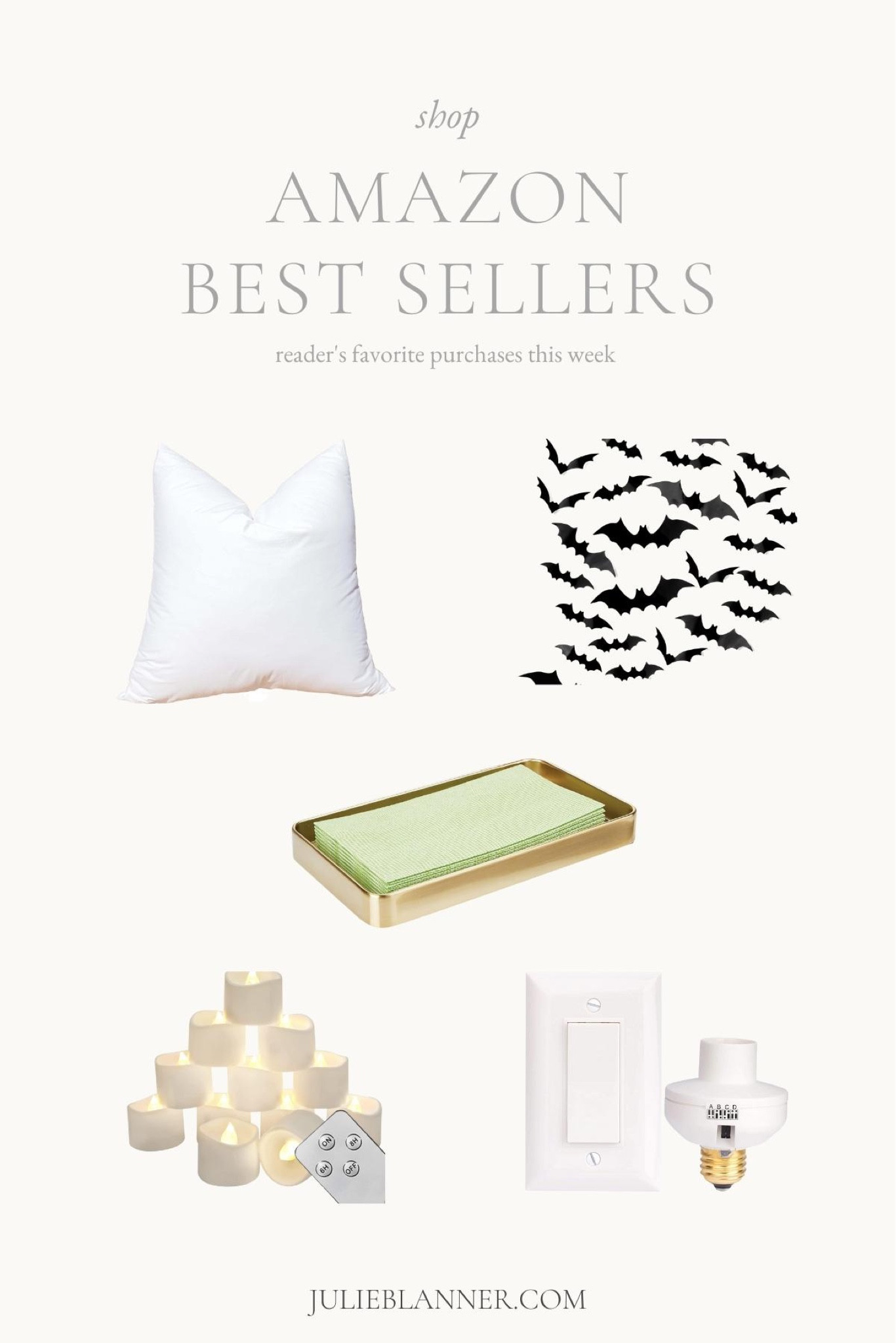 Amazon best sellers this week: hand towel gold tray, bats wall stickers, remote control light switch, remote control tea lights, and pillowflex synthetic down pillow insert. Amazon home decor, Amazon home, Amazon fall, Amazon fall decor, Amazon fashion, Amazon beauty, Amazon storefront, Amazon furniture, Amazon deals, Amazon pretty decor, Amazon coastal decor #FoundItOnAmazon 

#LTKhome #LTKstyletip #LTKSeasonal