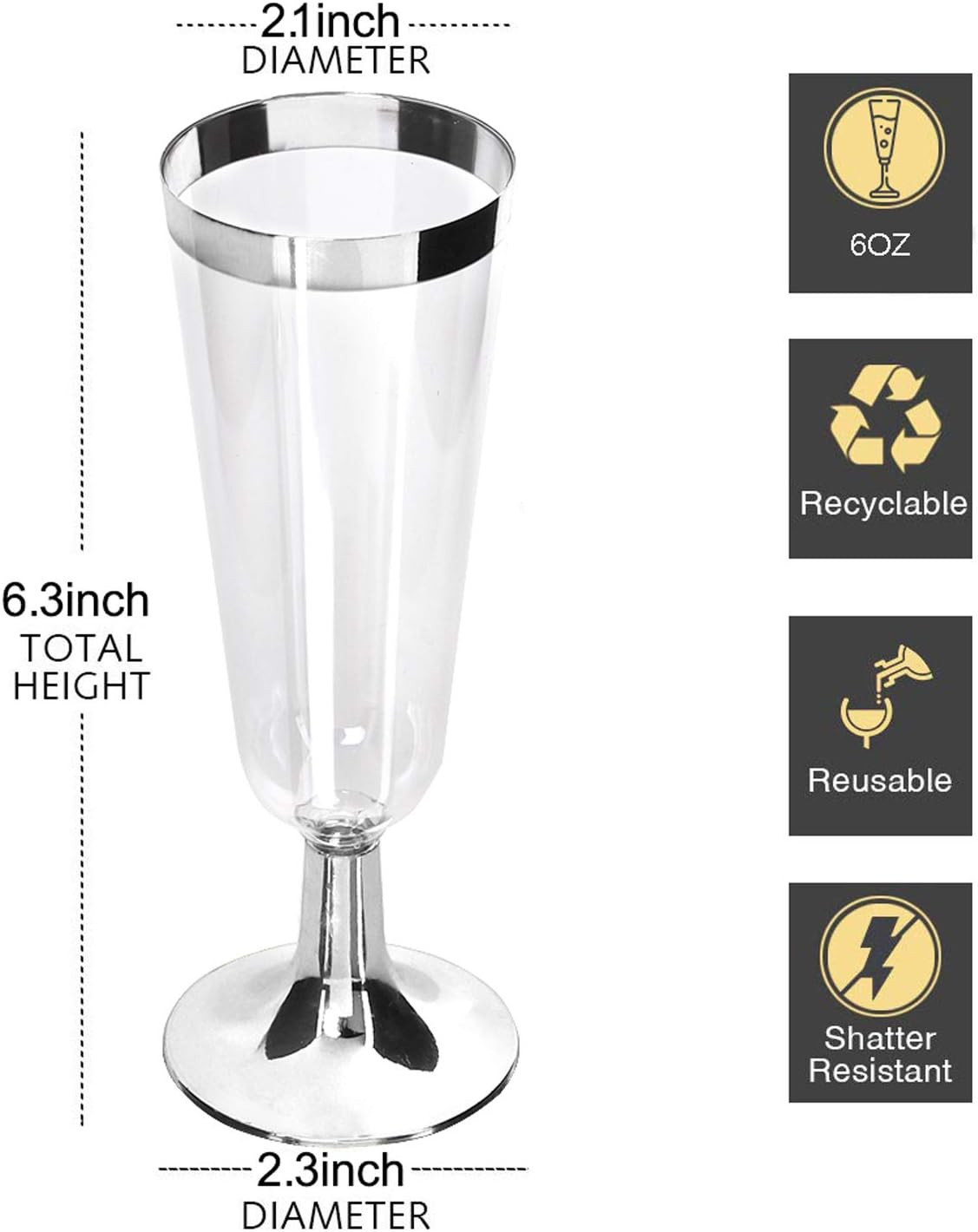 I00000 50 Pack Plastic Champagne Flutes with Silver Rim, Disposable Champagne Glasses 5 Oz, Perfe... | Amazon (US)