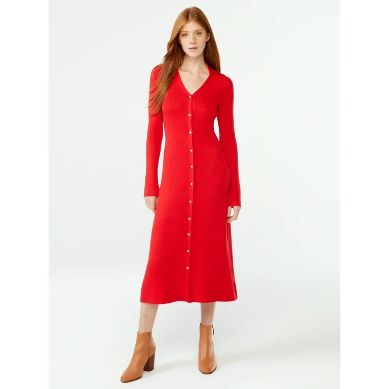 Free Assembly Women's Ribbed Sweater Midi Dress with Collar - Walmart.com | Walmart (US)