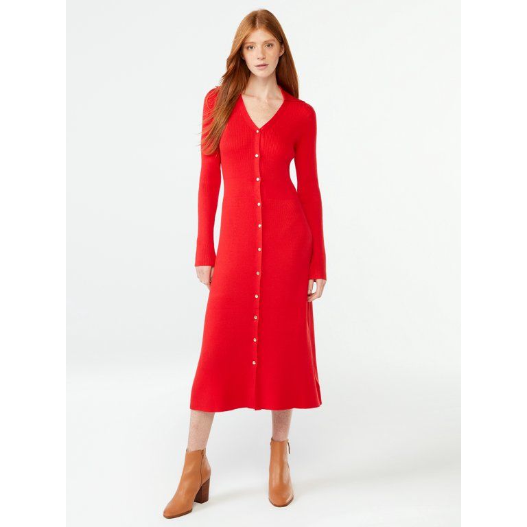 Free Assembly Women's Ribbed Sweater Midi Dress with Collar | Walmart (US)