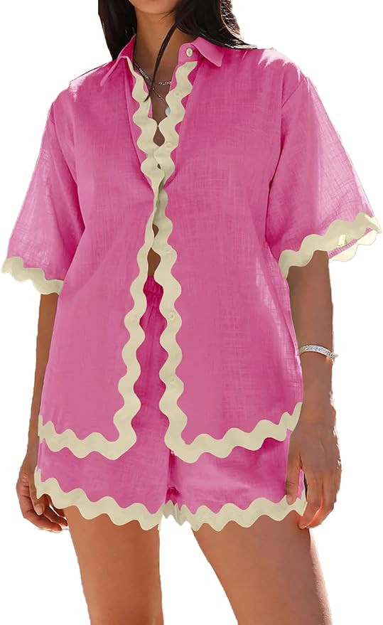 Womens 2024 Summer 2 Piece Matching set Summer Beach Outfits Long Sleeve Oversized Shirts And Sho... | Amazon (US)