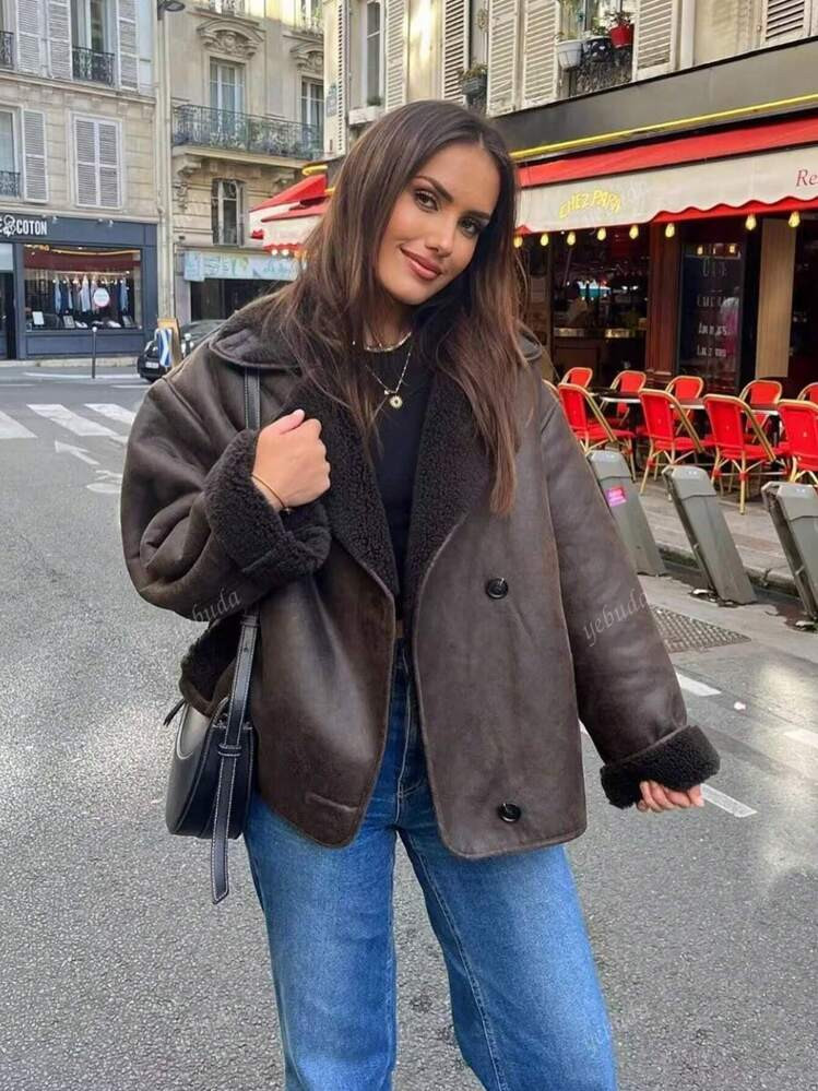 Cappotto Elegante E Alla Moda Da Donna Per L'autunno E L'inverno, Con Caratteristiche Di Morbida Lana D'agnello E Pelle Scamosciata, Caldo. Natalizia. | SHEIN