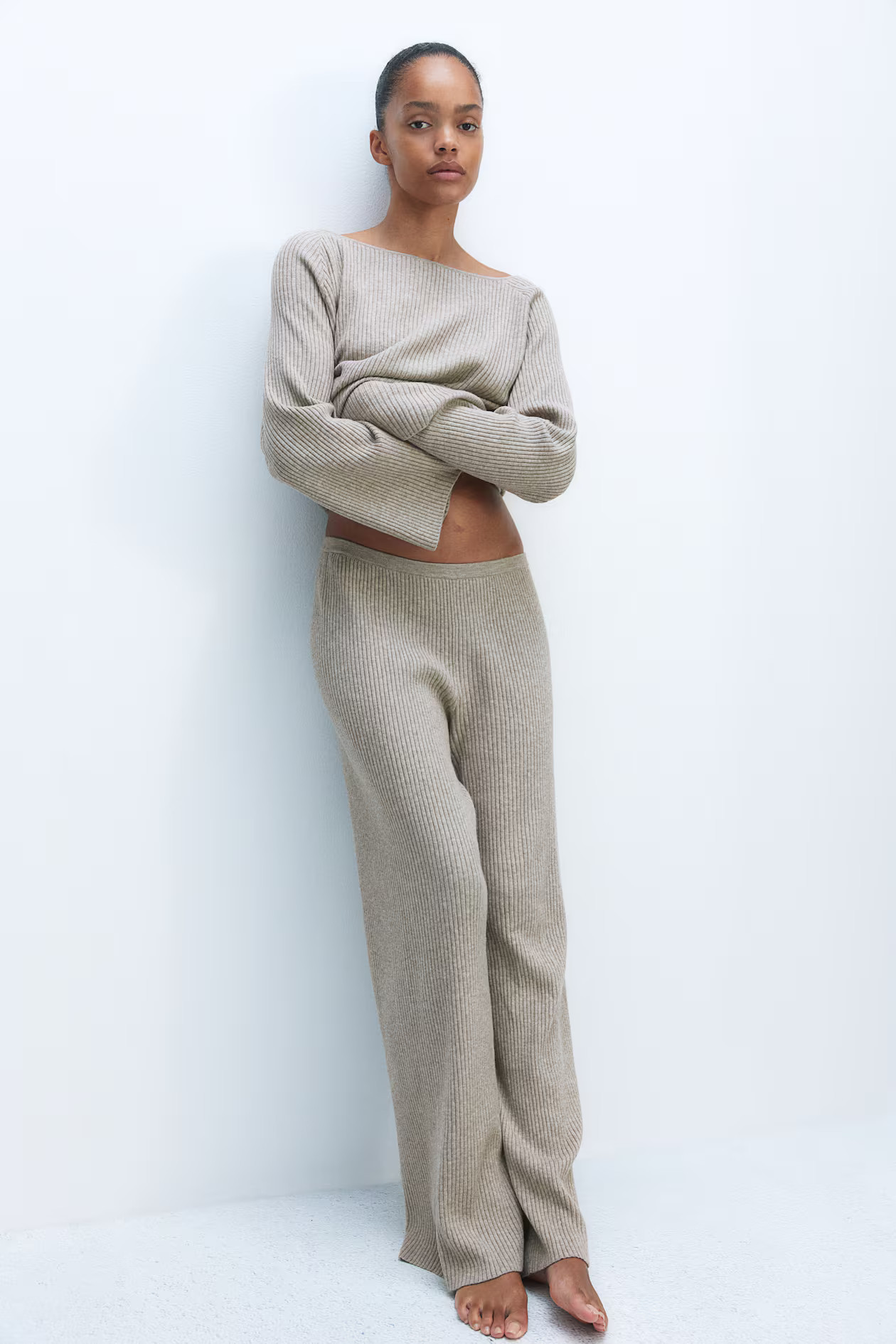 Rib-knit trousers - Light beige marl - Ladies | H&M GB | H&M (UK, MY, IN, SG, PH, TW, HK)