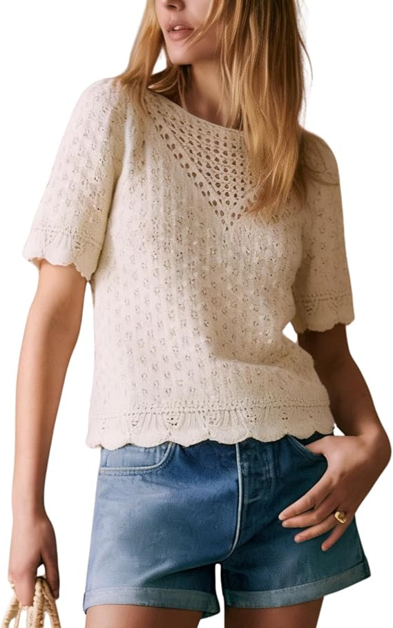 Women's Cotton Puff Short Sleeve Crochet Knit Tops Crew Ceck Pullover Sweaters with Scalloped Hem... | Amazon (US)